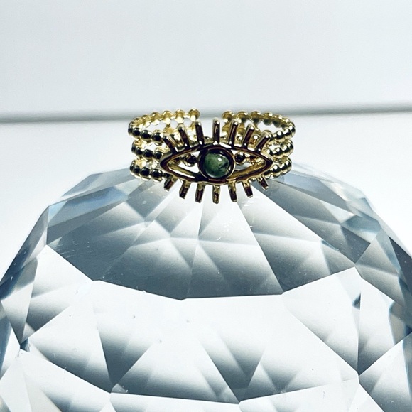 2/$20 ✨ LAST ONE! Evil Eye Beaded 18k Gold Plated Ring with Natural Green Stone - Picture 8 of 14